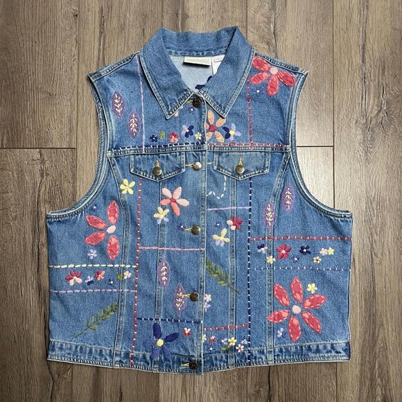 Vintage Flower Embroidered Denim Vest - Picture 2 of 8